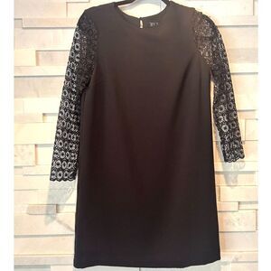 ZARA Basics Womens Black Long Sleeve Round Neck Shift Lace LBD Mini Dress sz XS